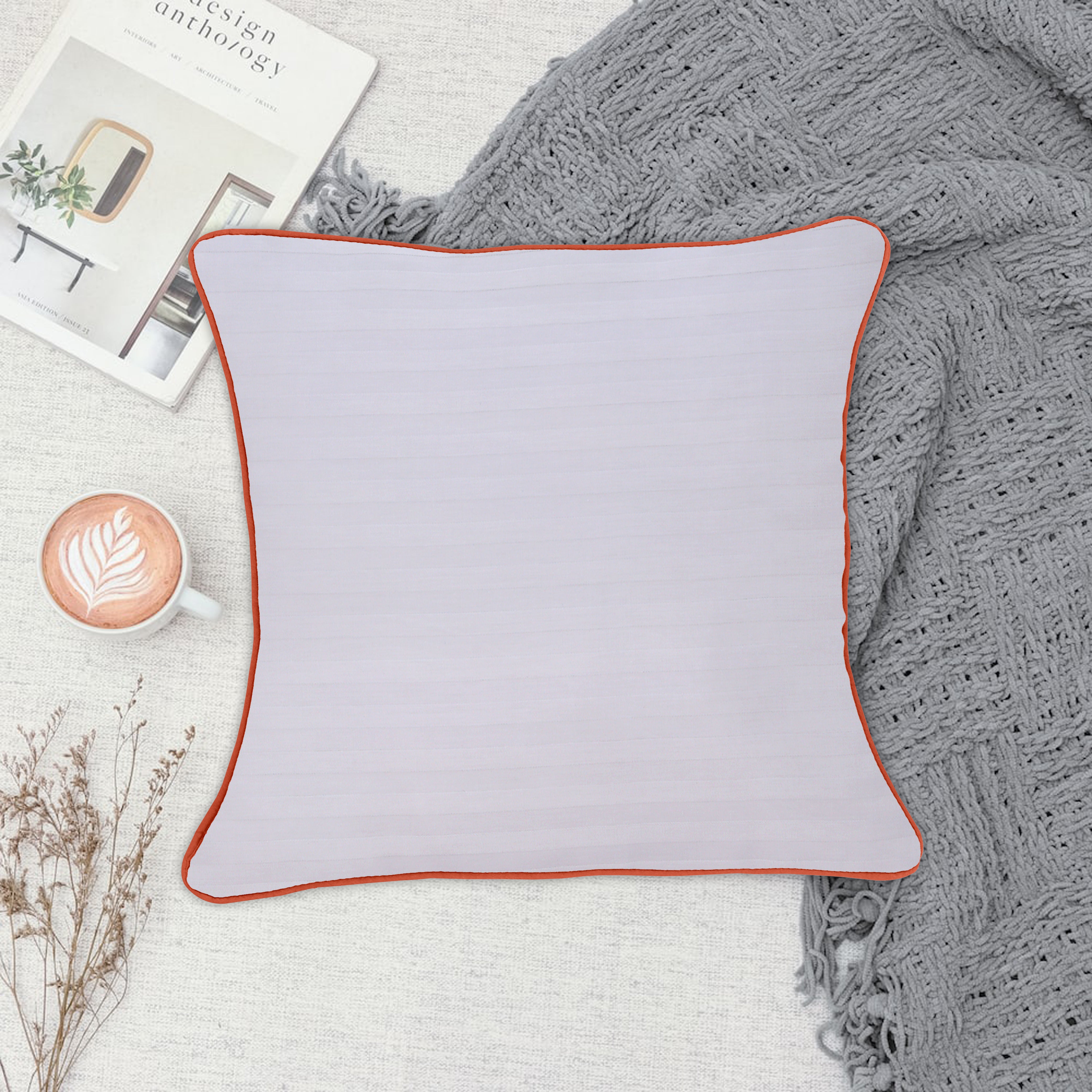 White Stripes (Orange Piping)-Cushion Covers Pack of Two