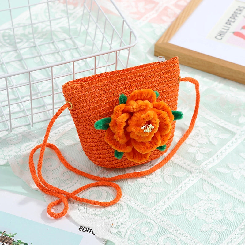 Women's Small Straw Solid Color Flower Vacation Beach Weave Round Zipper Straw Bag