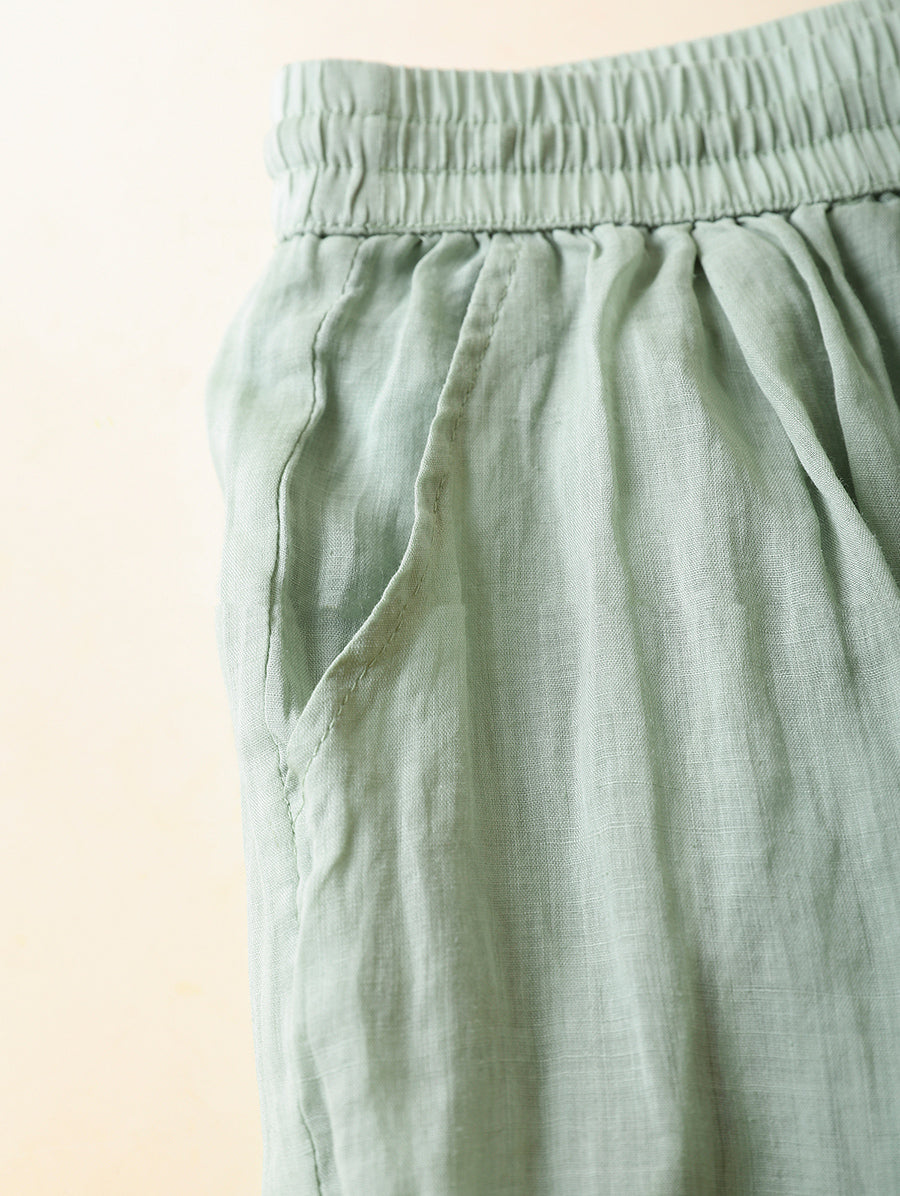 Women Summer Artsy Pure Color 100%Ramie Wide-leg Pants