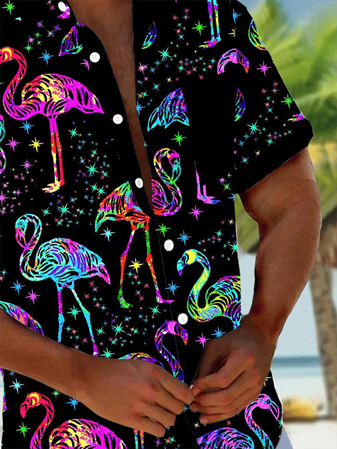 Men's Hawaiian Neon Flamingo Print Pocket Shirt