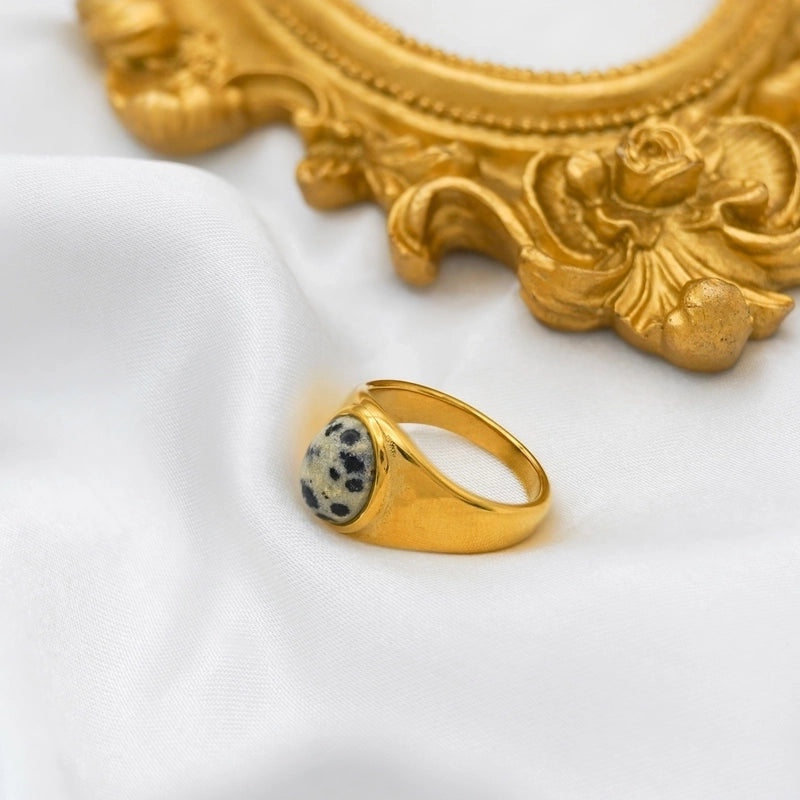 Retro Oval Stainless Steel Plating Inlay Agate 18k Gold Plated Rings