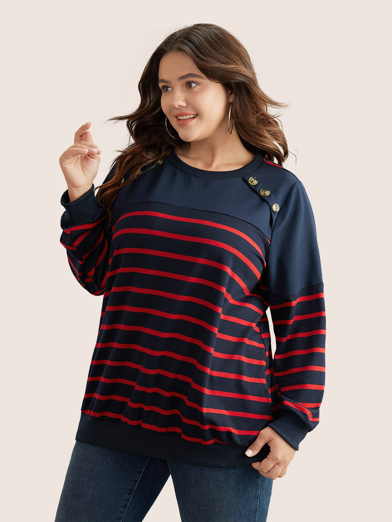 Striped Patchwork Button Detail Sweatshirt