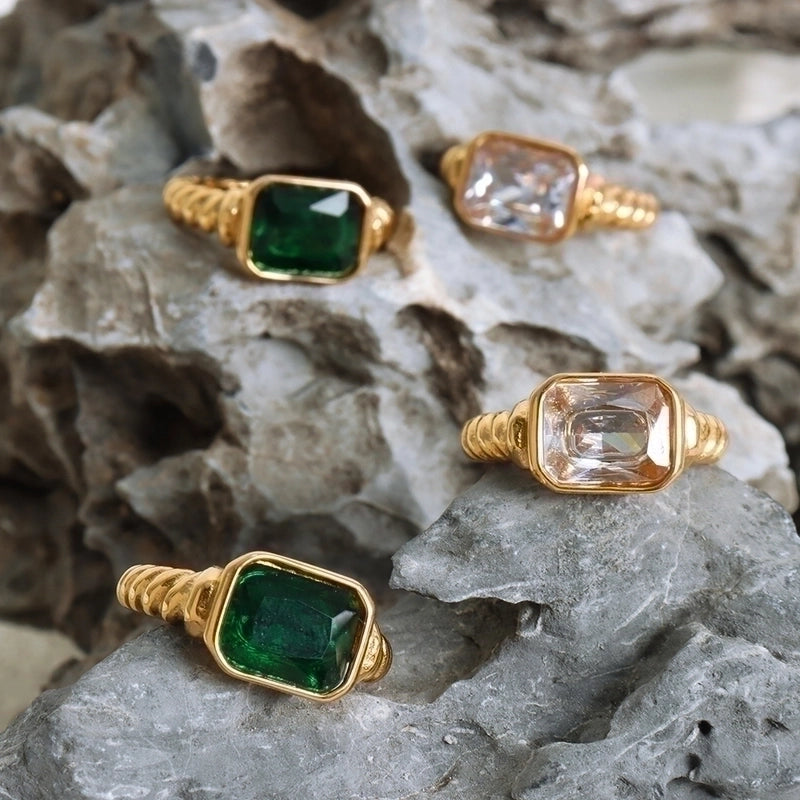 Vintage Style Square Titanium Steel Plating Inlay Zircon 18k Gold Plated Rings