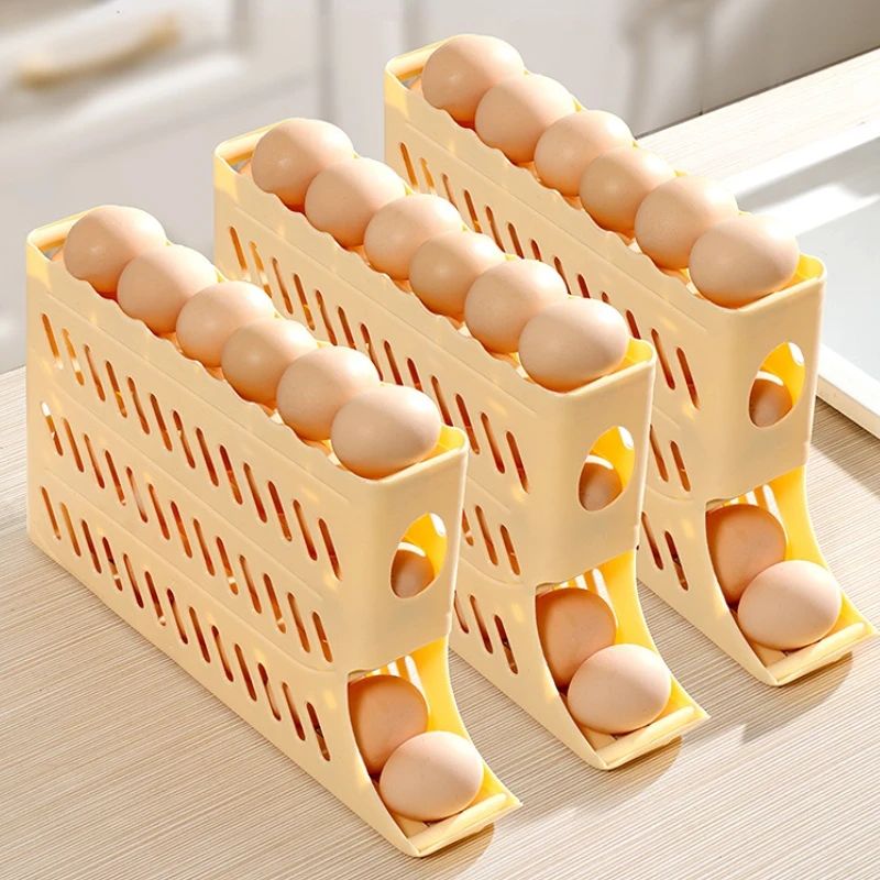 FF2324 4 Layer Rolling Egg Dispenser Kitchen Automatic Fridge Egg Roller Save Space Storage Rack Egg Holder for Refrigerator