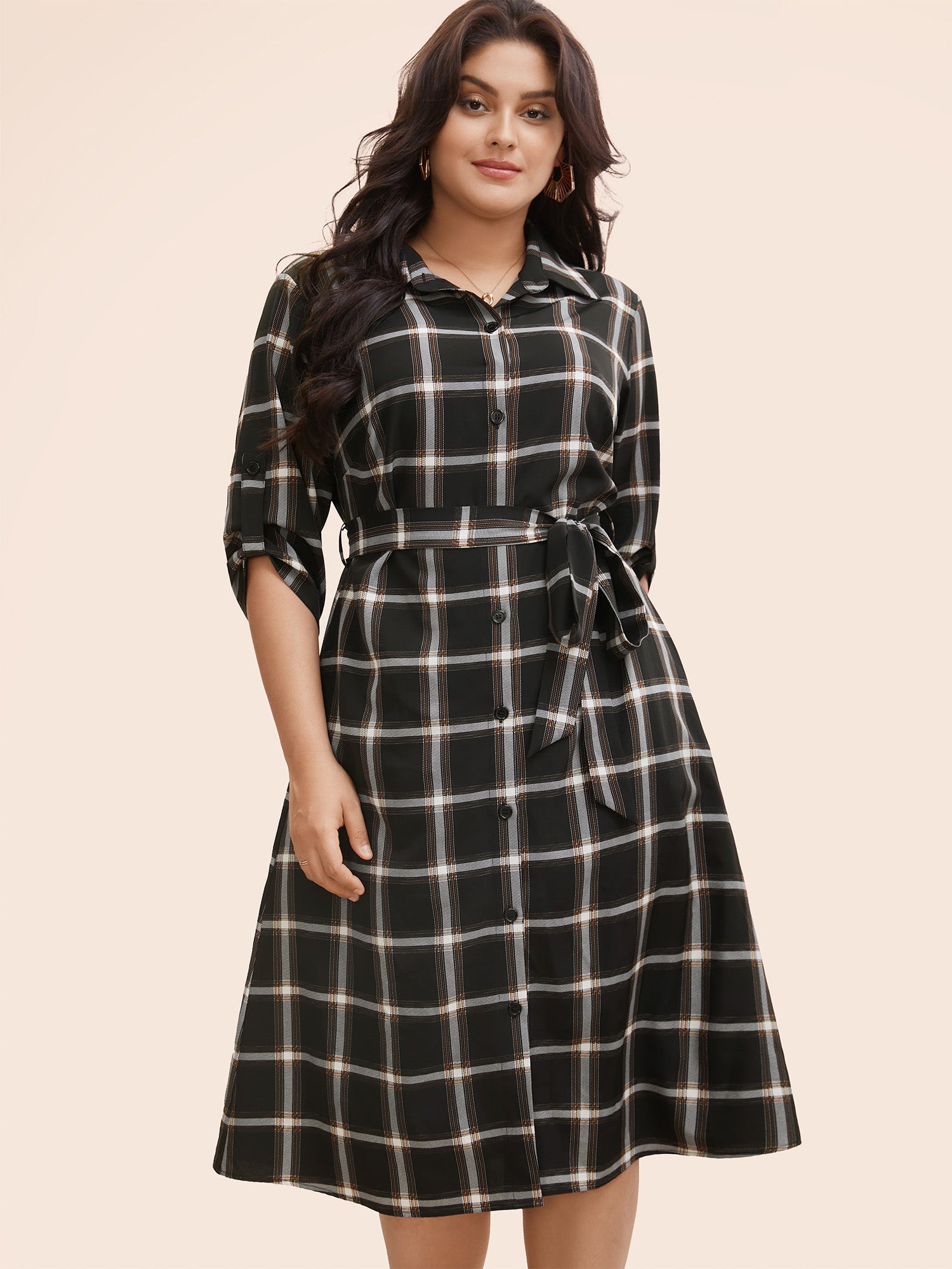 Plaid Shirt Collar Belted Tab Sleeve Dress