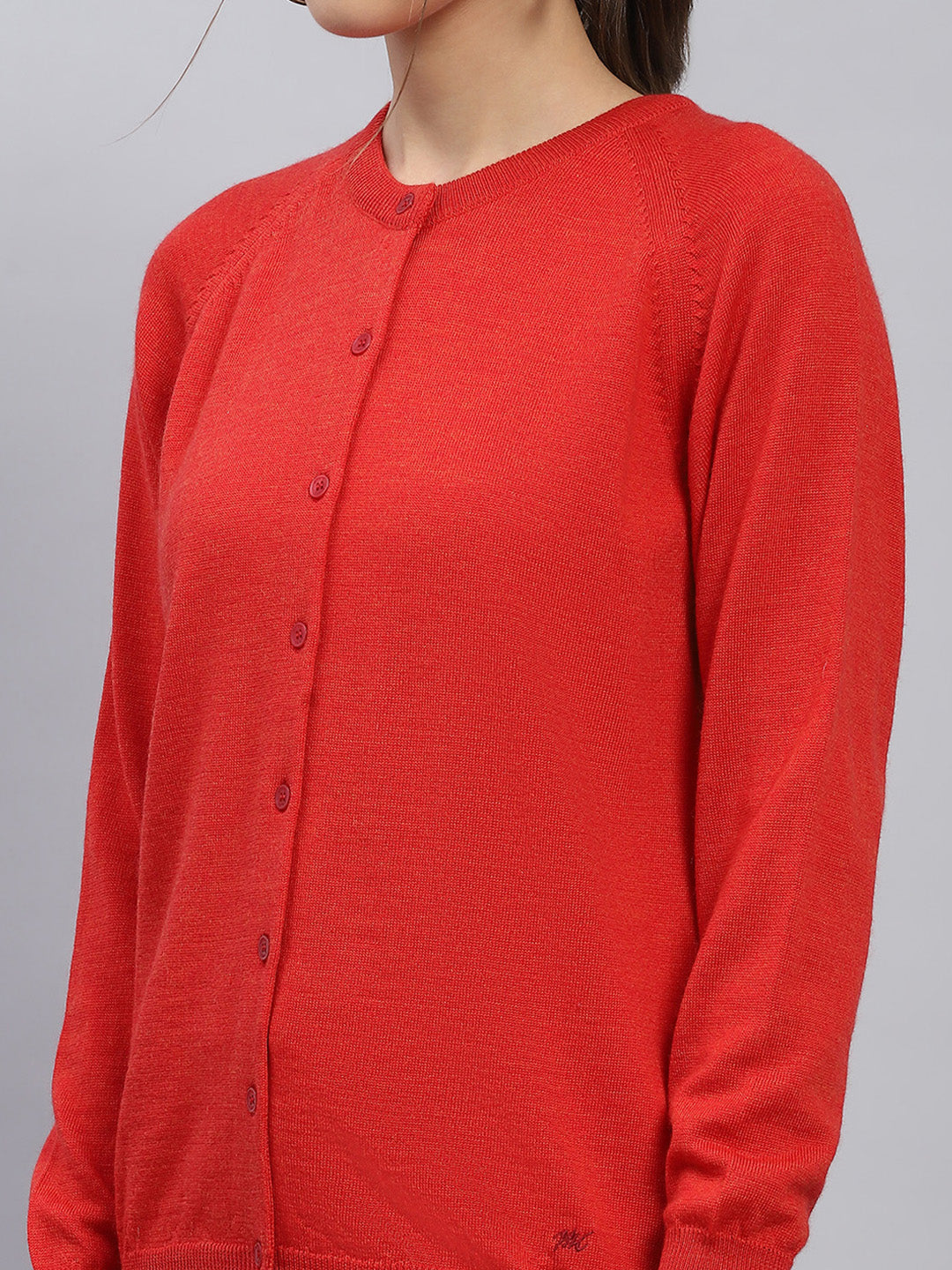 Women Red Solid Round Neck Full Sleeve Cardigan