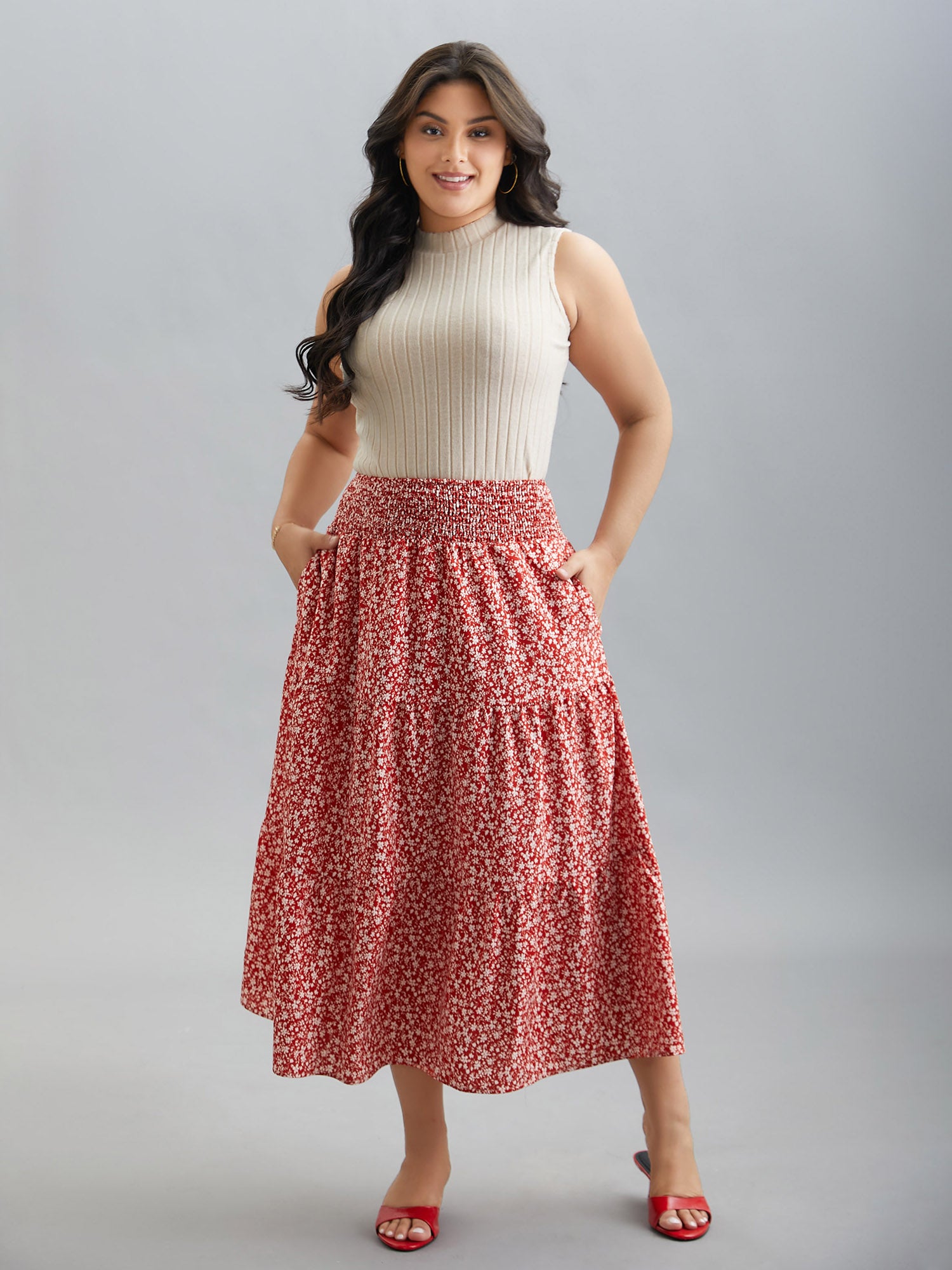 Romantic Floral Waist Shirred Midi Skirt
