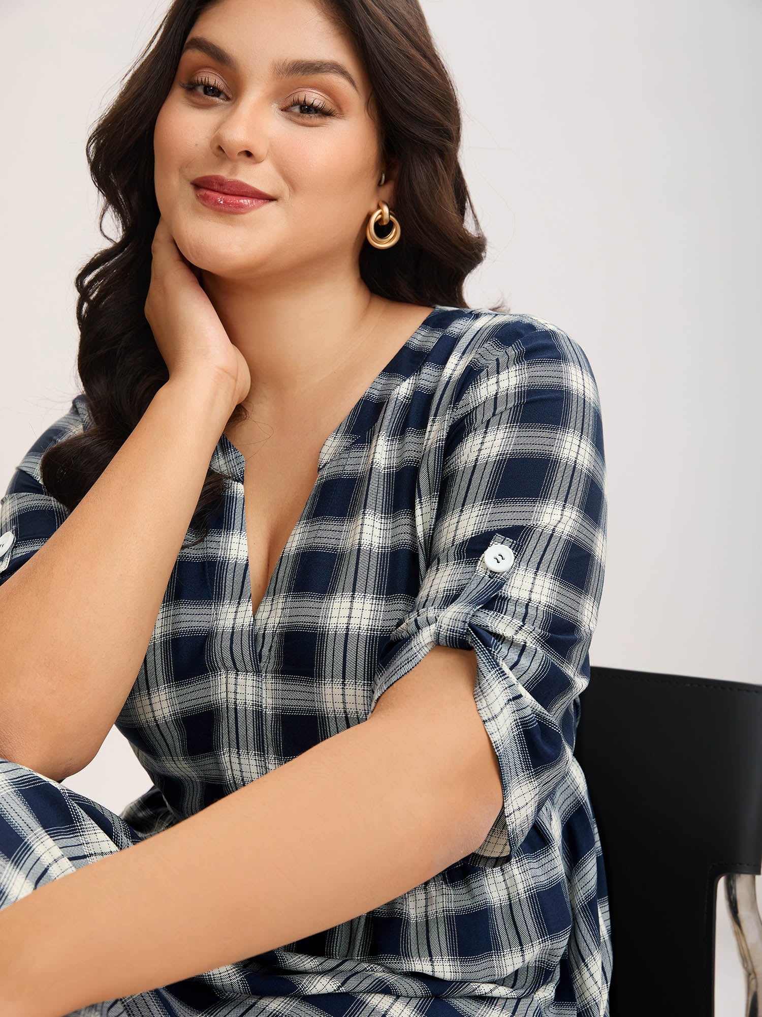 Plaid Pattern Tab Sleeve Pockets Midi Dress