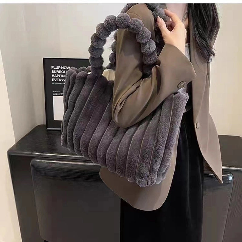 Autumn And Winter New Fashion Plush Shoulder Bag Personality Simple Corduroy Tote Bag Large Capacity Furry Handbag