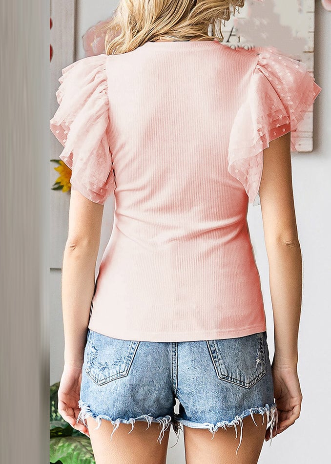 Cute Pink Tulle Patchwork Knit T Shirts Summer