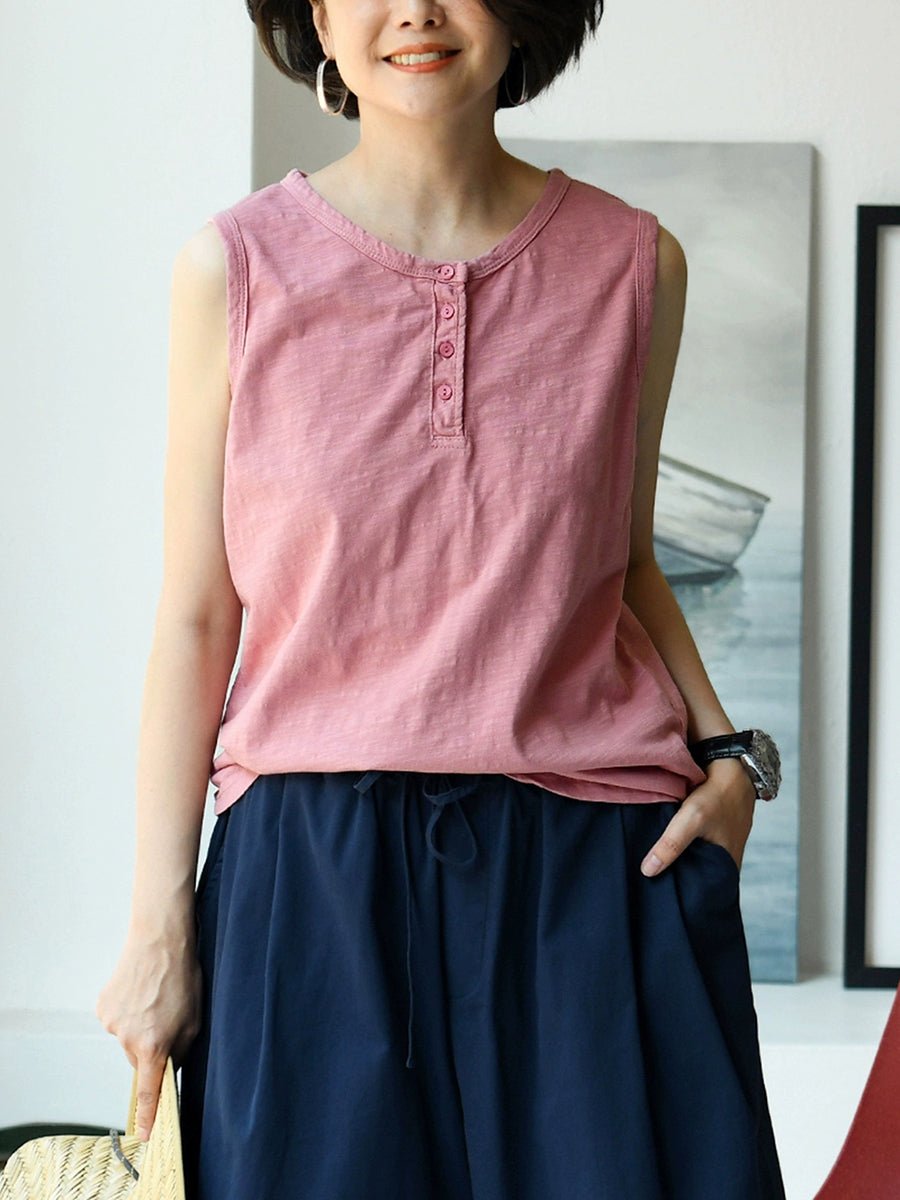Women Summer Pure Color O-Neck 100%Cotton Vest