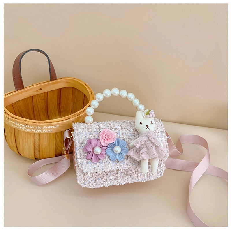 New Girl Bag Pearl Style Portable Trendy Bag Woolen Flower Fashion Girl Princess Crossbody Bag