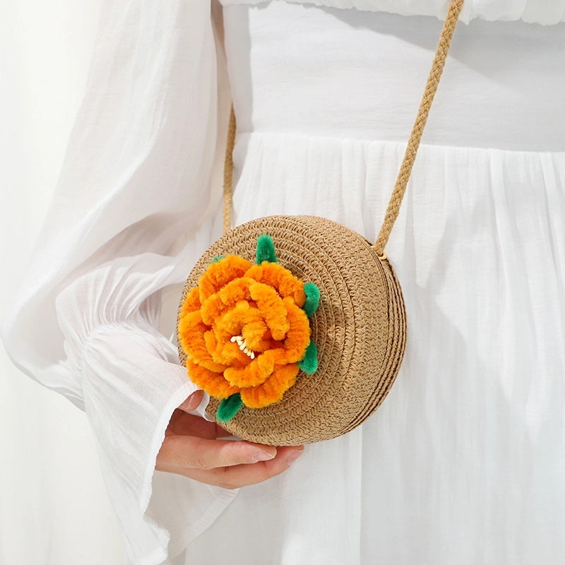 Women's Small Straw Solid Color Flower Vacation Beach Weave Round Zipper Straw Bag