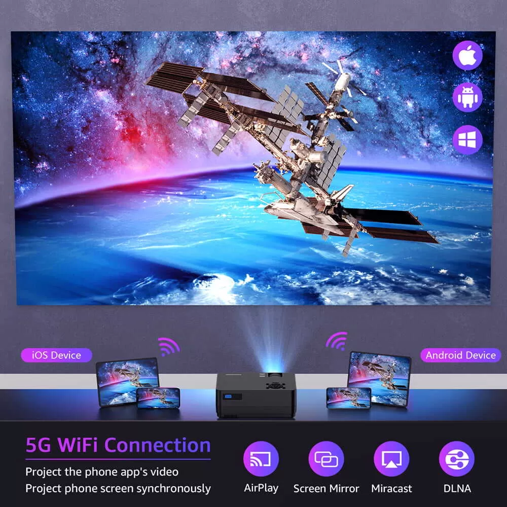 🔥ROCONIA Proyector 5G WiFi Bluetooth Nativo 1080P, Proyector de películas Full HD de 13000 lm, tecnología LCD, pantalla de 300 pulgadas, compatible con cine en casa 4k, (pantalla de proyector incluida)
