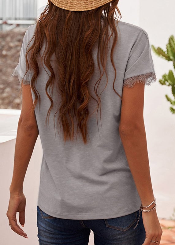 Brief White V Neck Lace Patchwork Solid T Shirt Short Sleeve
