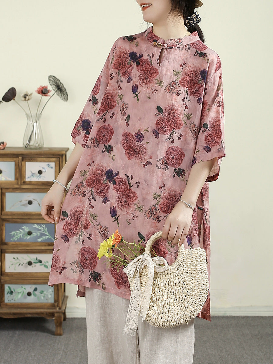 Women Summer Vintage Flower Stand Collar 100%Ramie Shirt
