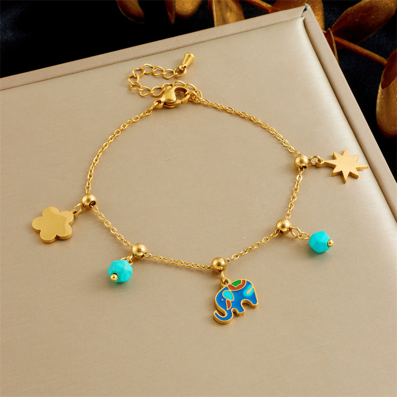 Fashionable And Versatile Bowknot Pearl Love Heart Oil Drop Contrast Color Elephant Accessories Stainless Steel Chain Bracelet