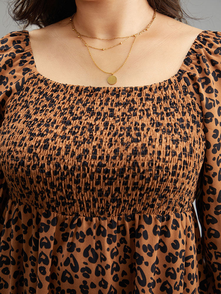 Leopard Print Shirred Square Neck Pocket Dress