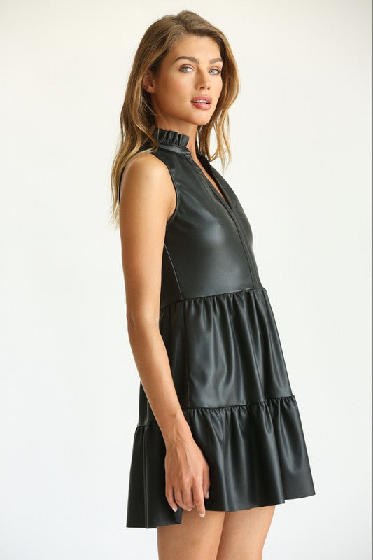 Vegan Leather Sleeveless Ruffle Dress