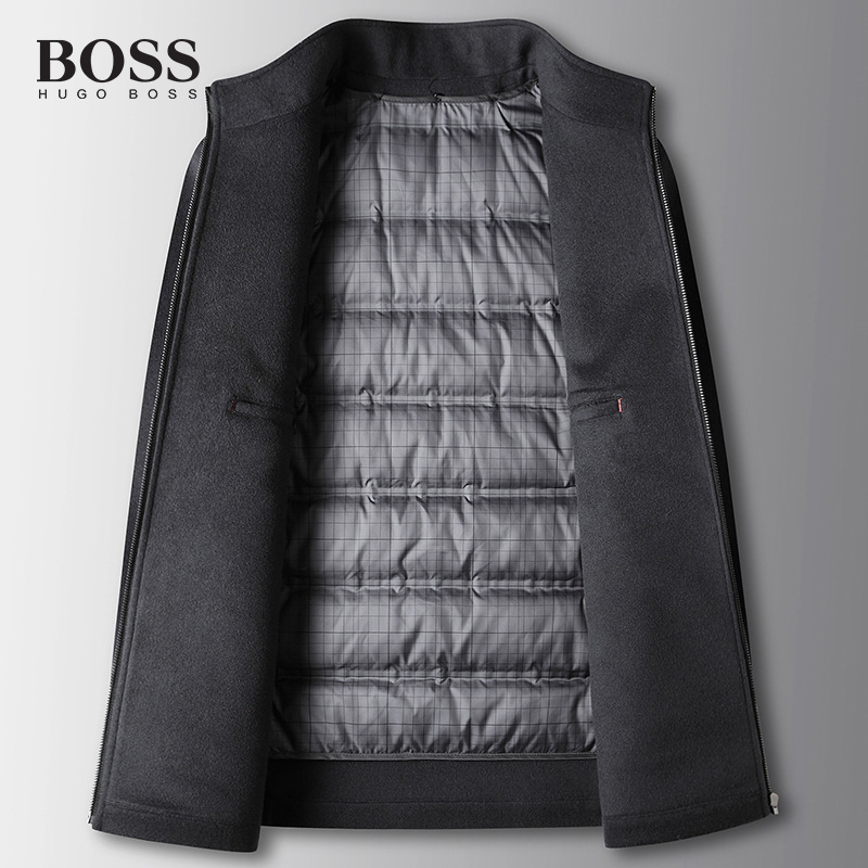 BOSS Luxury Men-s Stand Collar Detachable Handmade Wool Goose Down Lining Reversible Wool Casual Jacket