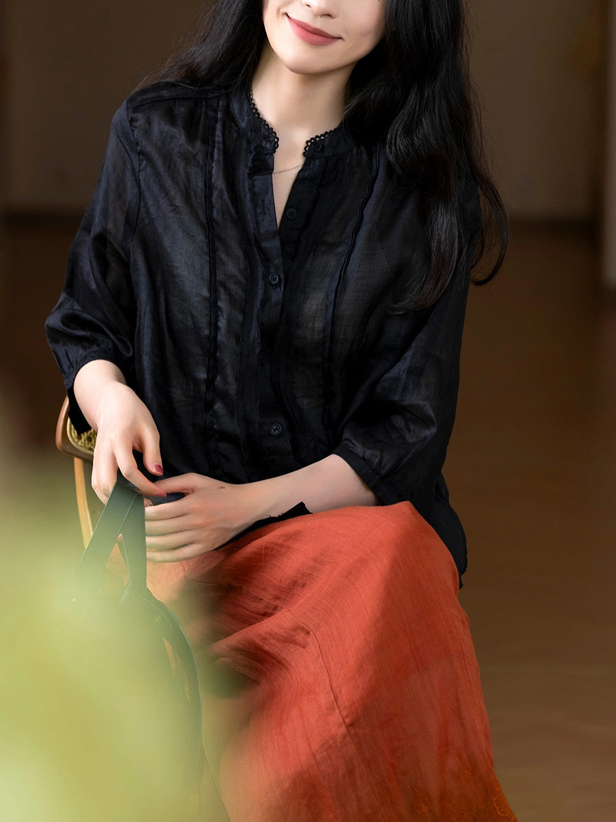 Women Summer Artsy Pure Color 100%Ramie V-Neck Shirt