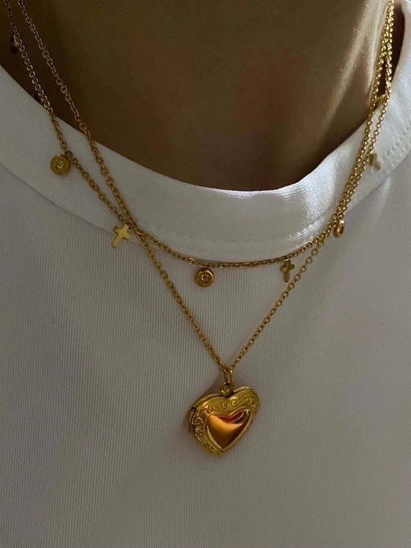 Fashion Heart Shape 201 Stainless Steel Artificial Diamond Plating Inlay Stainless Steel Necklaces
