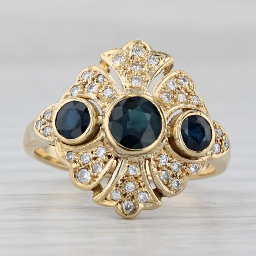 Vintage 1.42ctw Blue Sapphire 3-Stone Ring 18k Yellow Gold Size 6