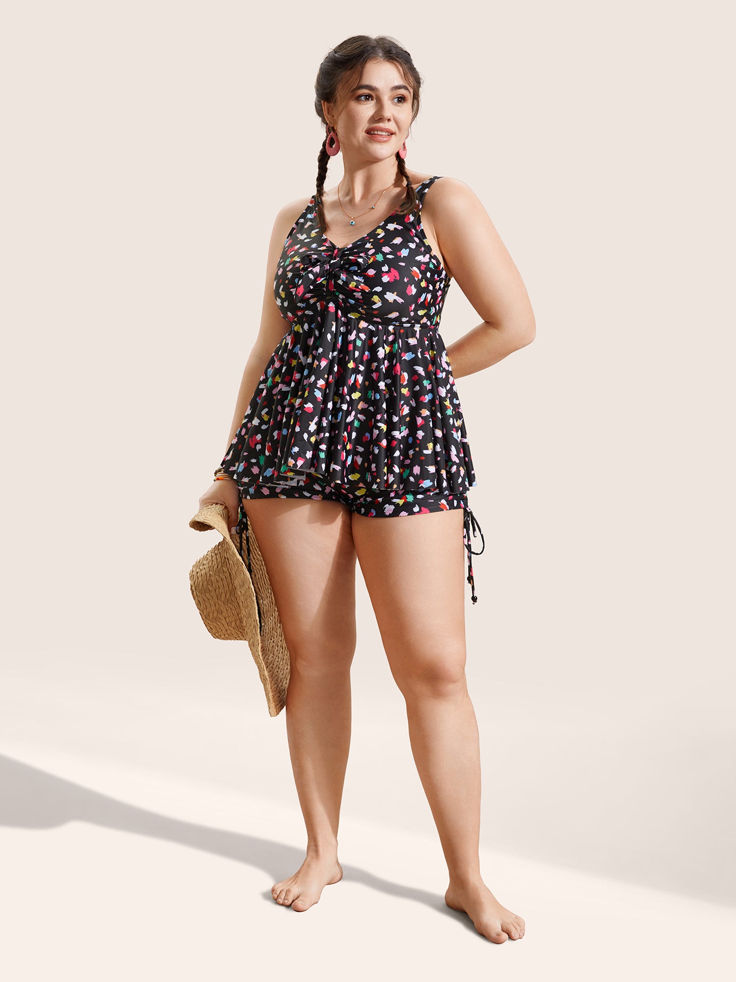 Allover Print V Neck Gathered Swim Top