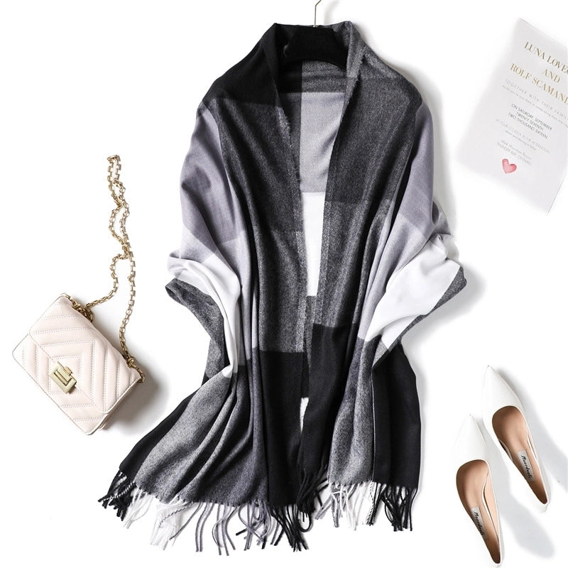 New Large Plaid Artificial Cashmere Scarf Women's Winter Thicken Thermal Thorn Fur Shawl Fashion All-Matching Fringe Bib