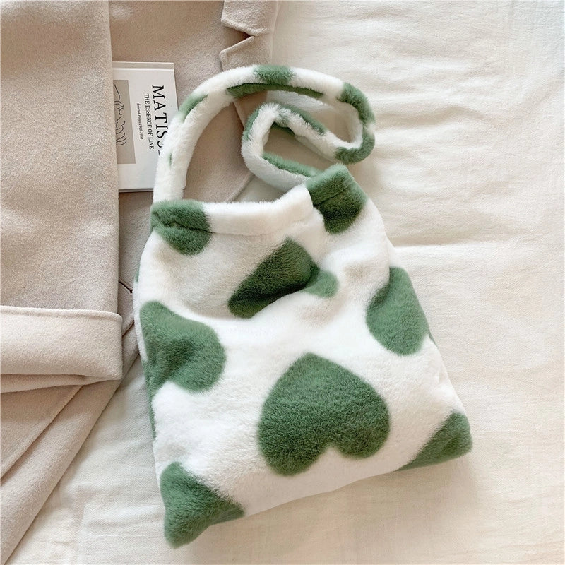 Women's Large Autumn&winter Plush Heart Shape Cute Square Sticky Cloth Underarm Bag