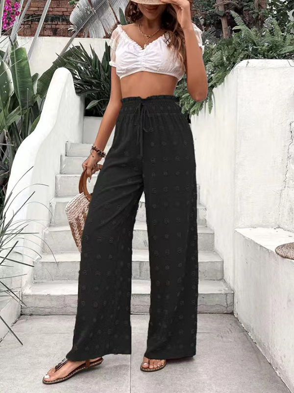 High Waisted Loose Drawstring Elasticity Jacquard Solid Color Pants Trousers