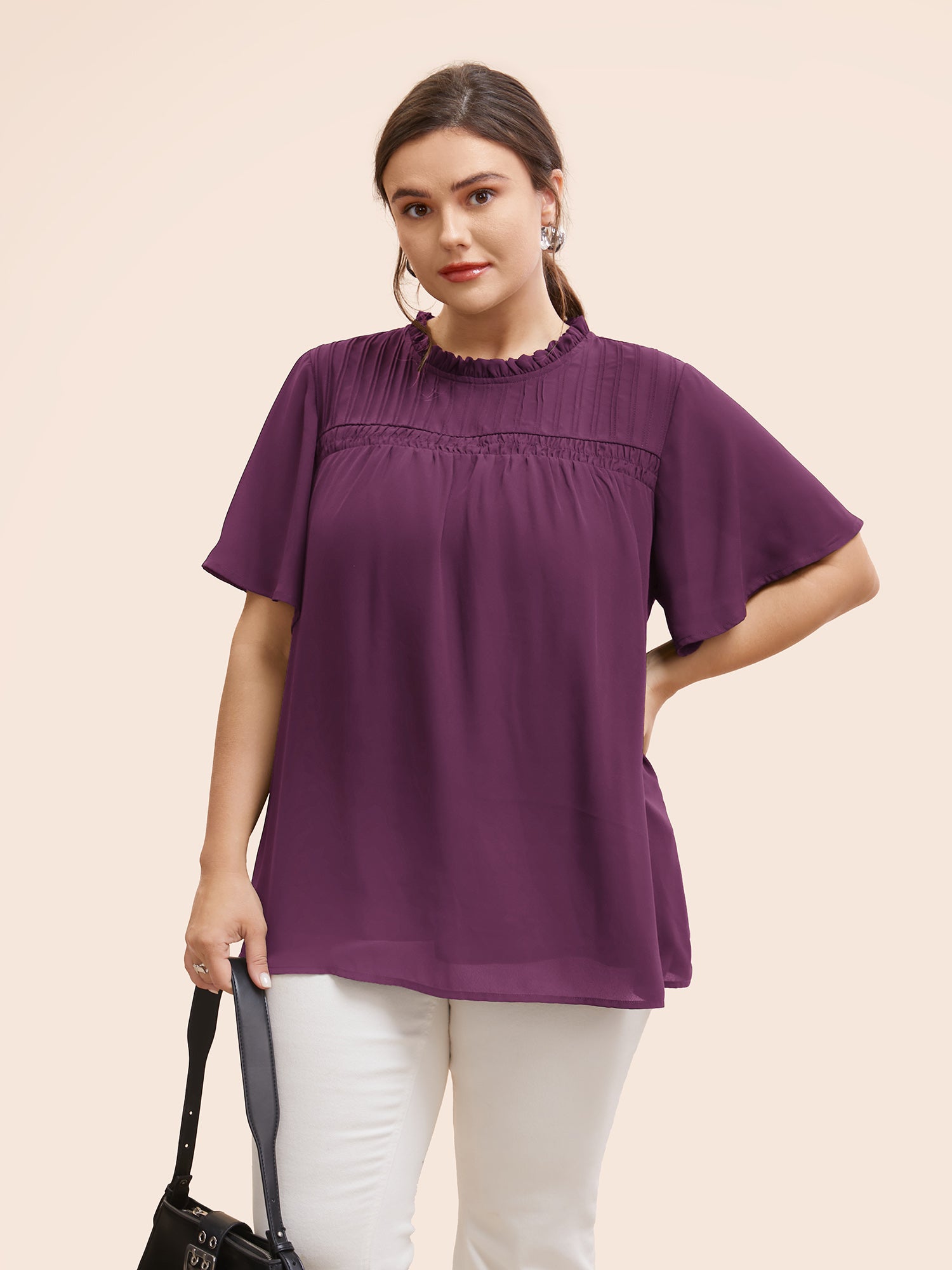 Anti-Wrinkle Shirred Ruffle Sleeve Mesh Frill Trim Blouse