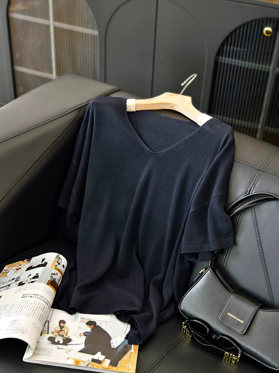 Women Summer Casual Pure Color Knitted V-Neck Shirt
