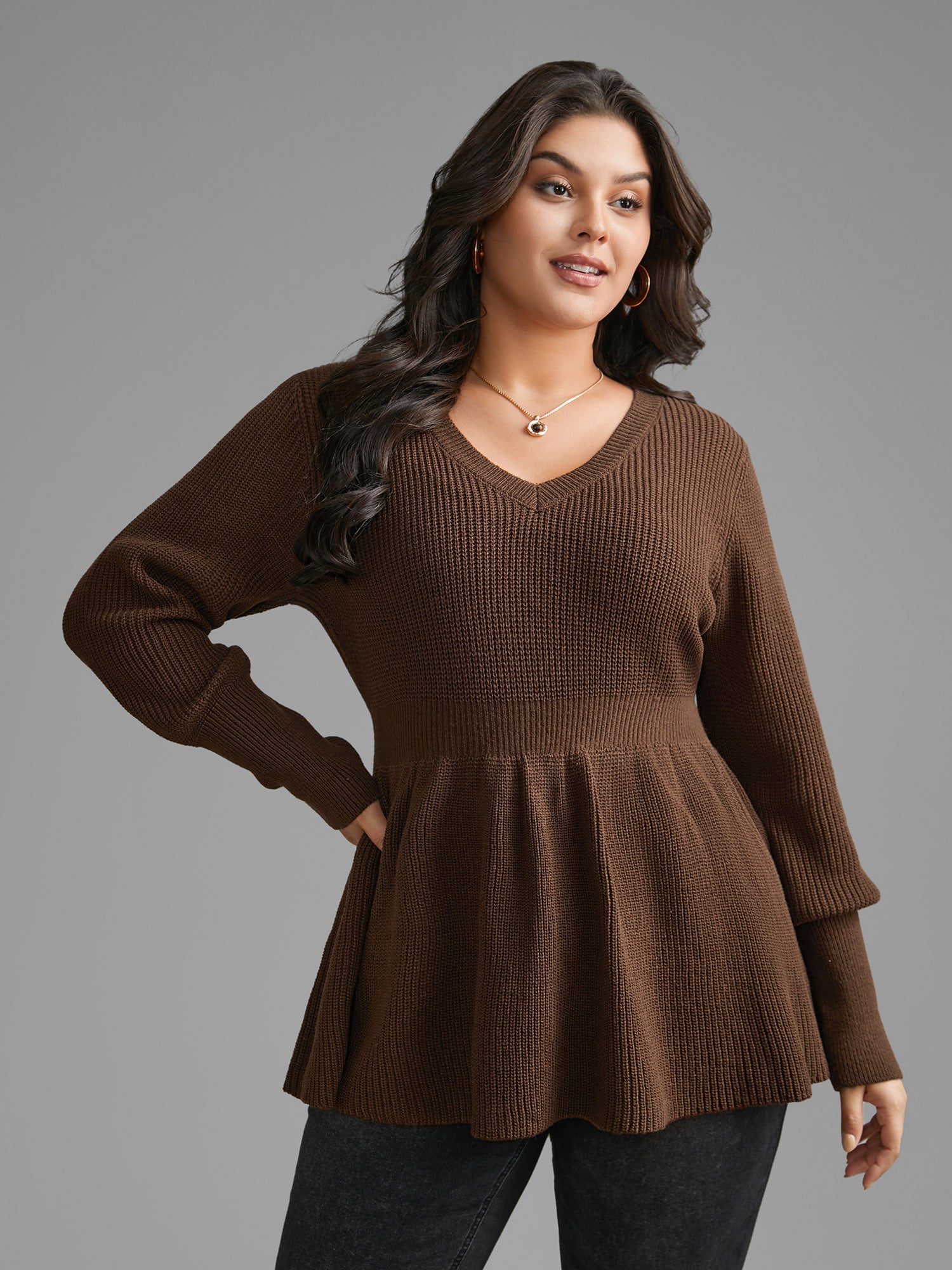 Plain V Neck Lantern Sleeve Pullover