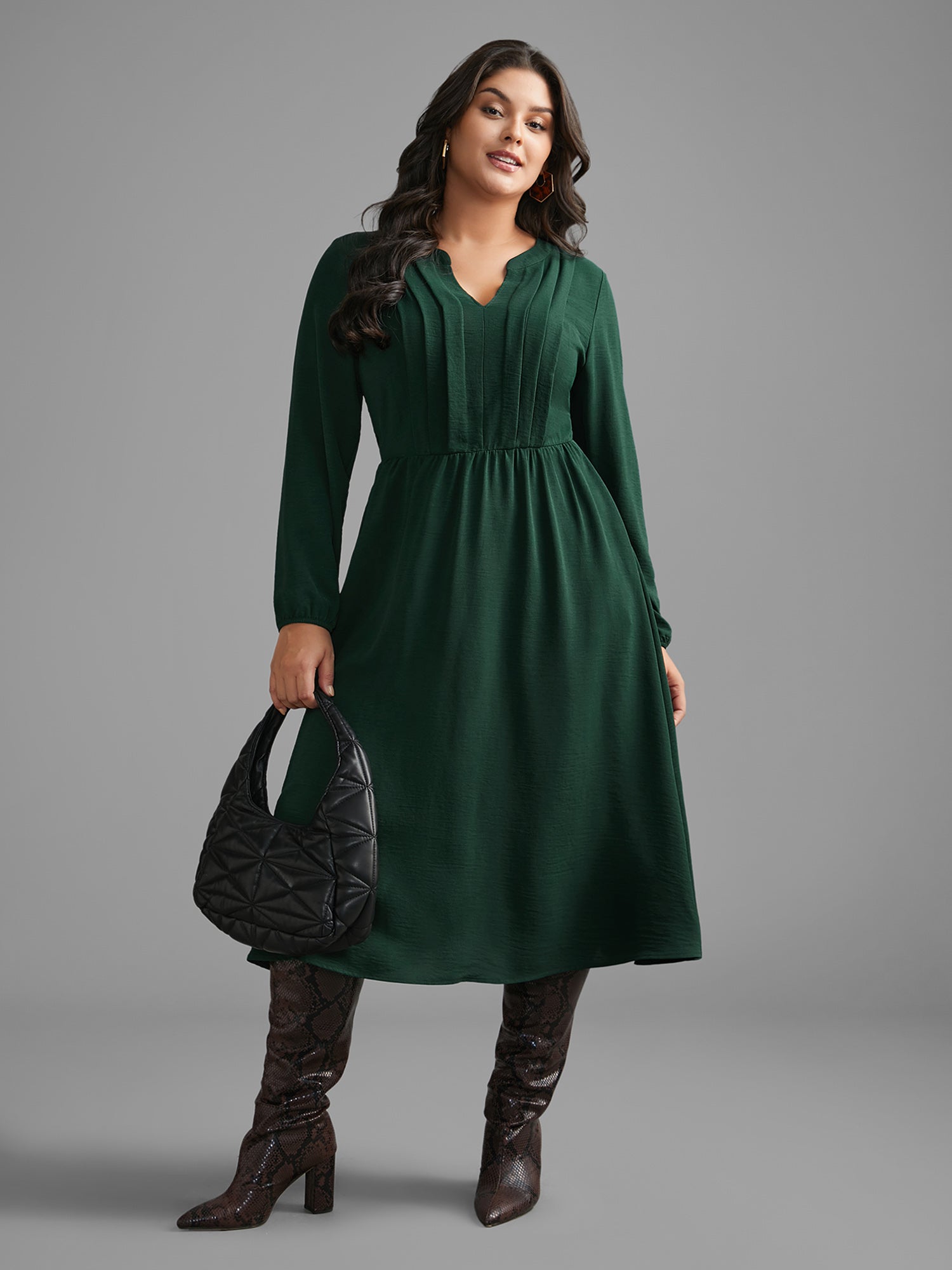 Plain Notched Pleated Midi Dress