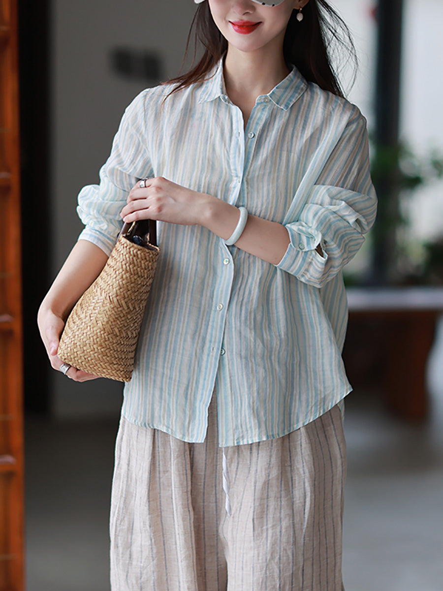 Women Summer Artsy Stripe Turn-down Collar 100%Ramie Shirt
