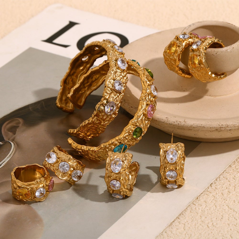 Personalized Earrings Stainless Steel Plated With 18K Gold Irregular Micro-Diamond Casting Bracelet Ring