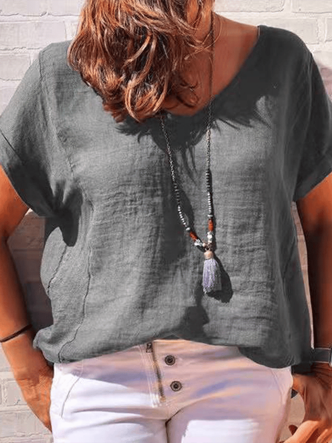Women's Casual Solid V-neck Cotton Linen Short Sleeve T-shirt