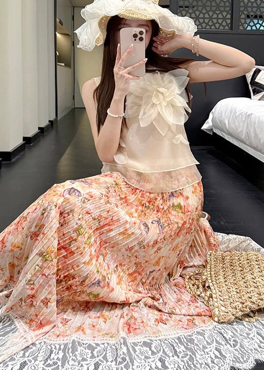 Stylish Orange Print Lace Patchwork Chiffon Pleated Skirt Summer