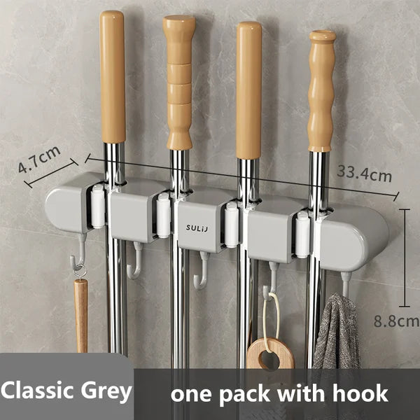 6 Slot & 6 Hook Wall Mounted Holder For Mop. Broom. Kitchen. Garden