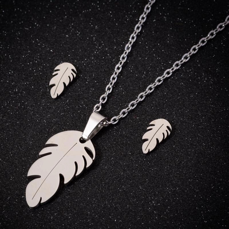 Minimalist Geometric Leaf Heart Shape Stainless Steel Plating Earrings Necklace 1 Set