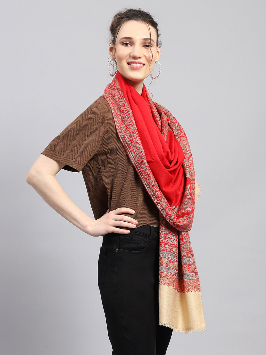 Women Red Self Design Stole