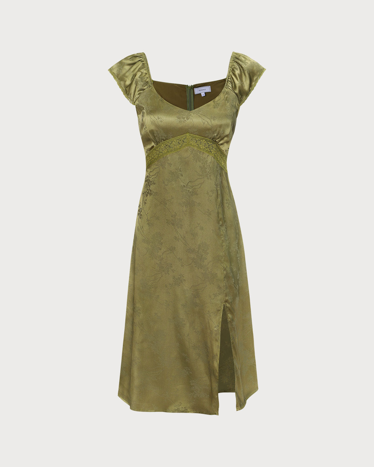 The Green Satin Jacquard Side Split Midi Dress