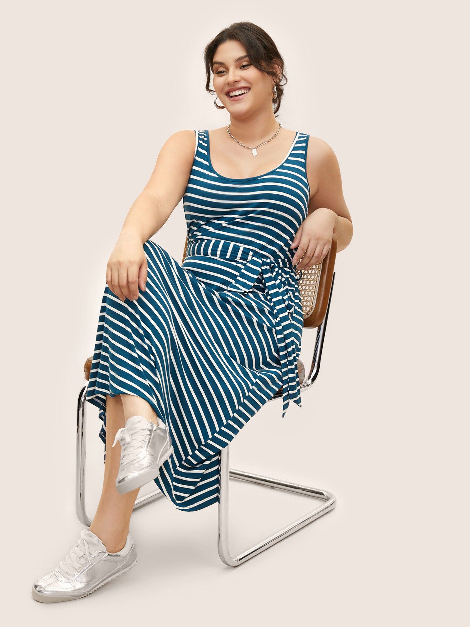 U Neck Striped Belted Tank Dress