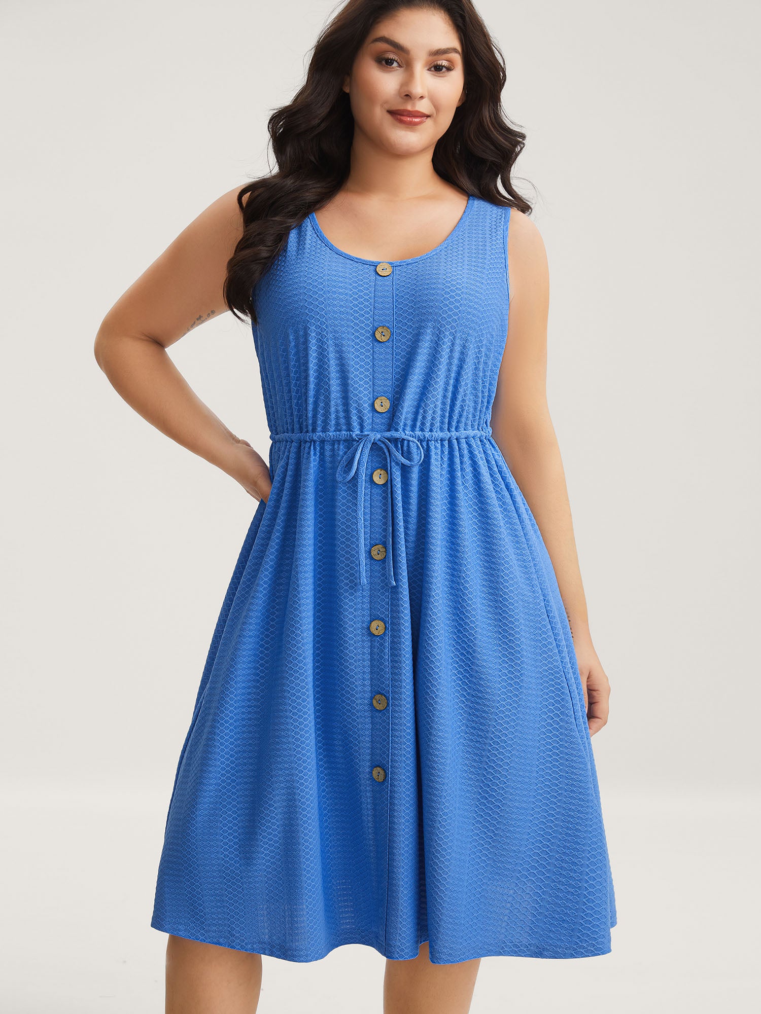 Textured Waist Drawstring Pockets Midi Dress