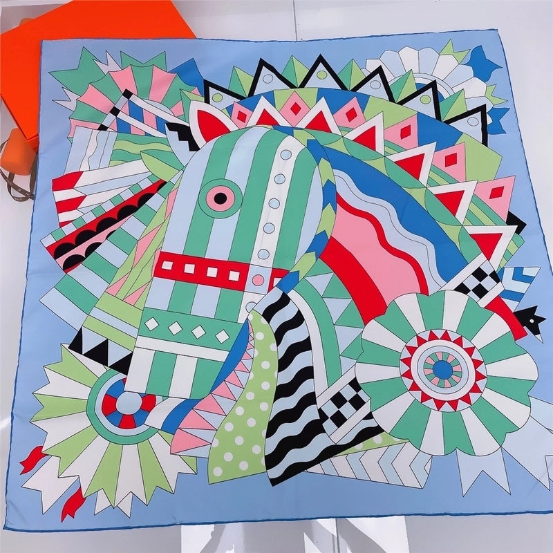 New Style 90cm Twill Silk Square Scarf Striped Horse Head Printing Fashion Scarf Shawl