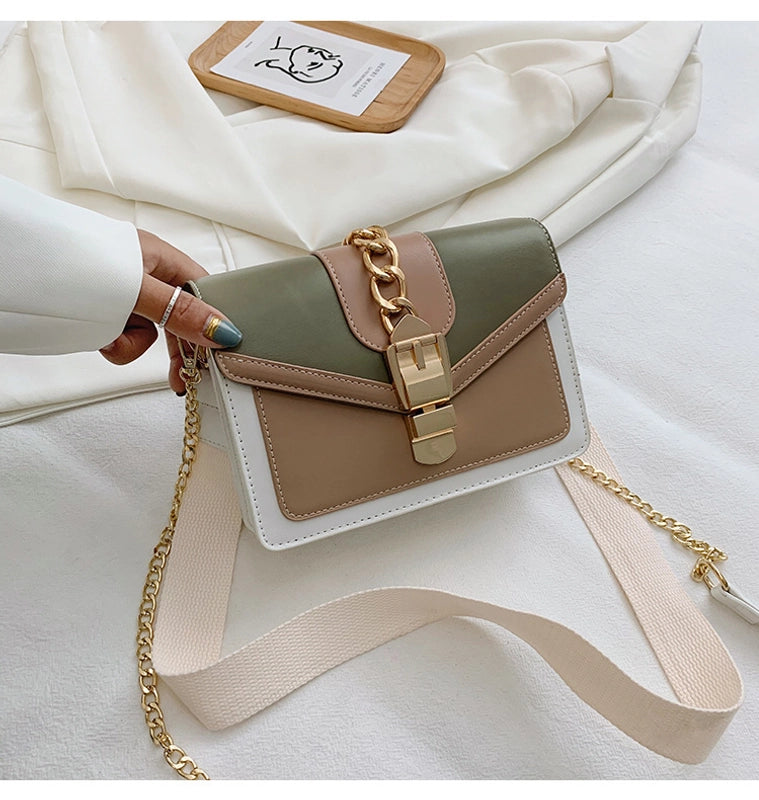 Women's Medium Pu Leather Color Block Streetwear Lock Clasp Crossbody Bag