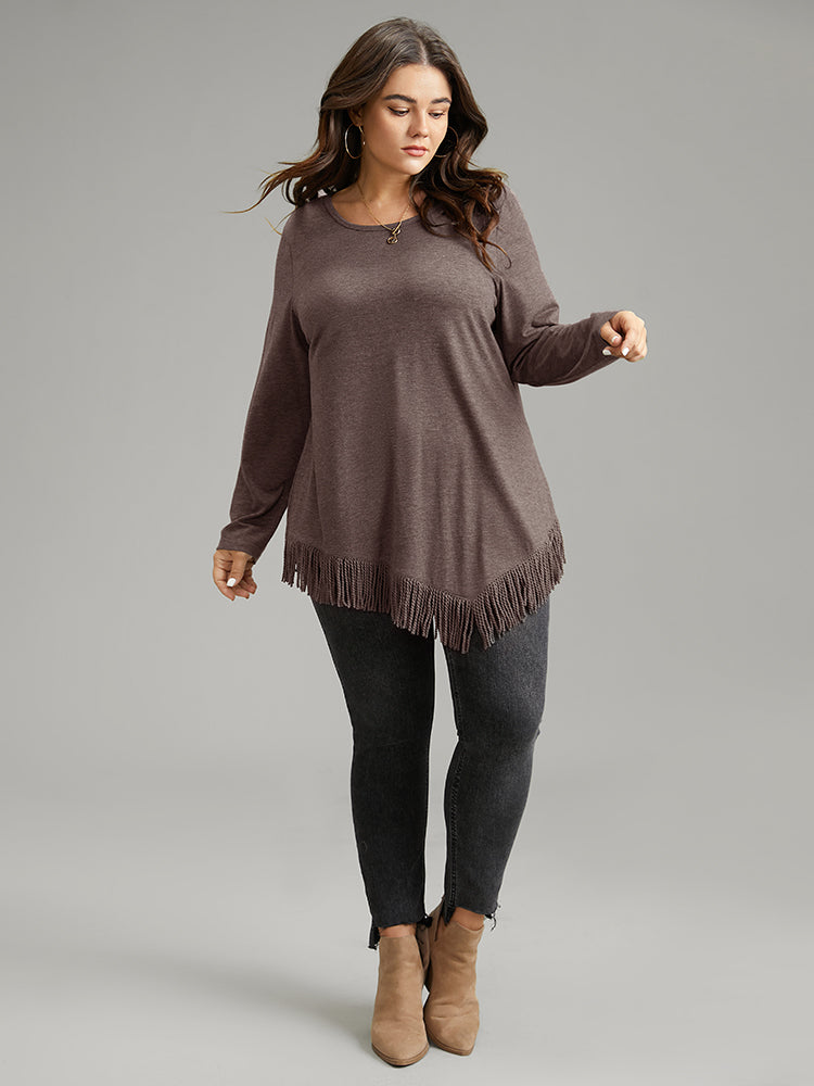 Plain Tassels Trim Hem Long Sleeve T-shirt