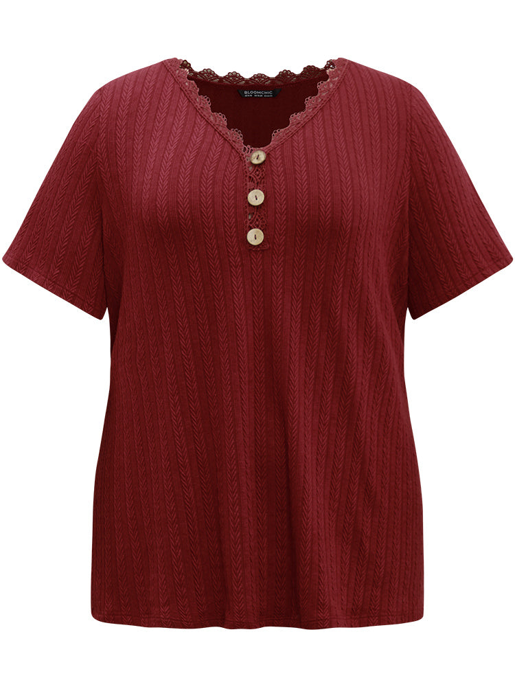 Lace Trim Plisse Button Detail T-shirt