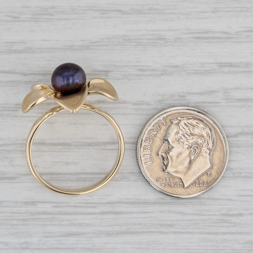 Black Cultured Pearl Flower Ring 14k Yellow Gold Size 6 Floral Statement